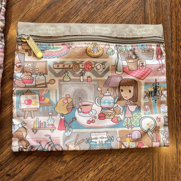 Lesportsac Home Travel Tote Pouch Taupe Pink Gray Hobby Tea Art Piano - Picture 6 of 14